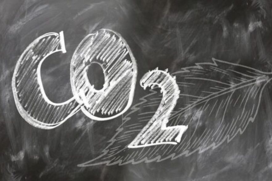 CO₂-Formel mit Blatt-Skizze auf schwarzer Tafel