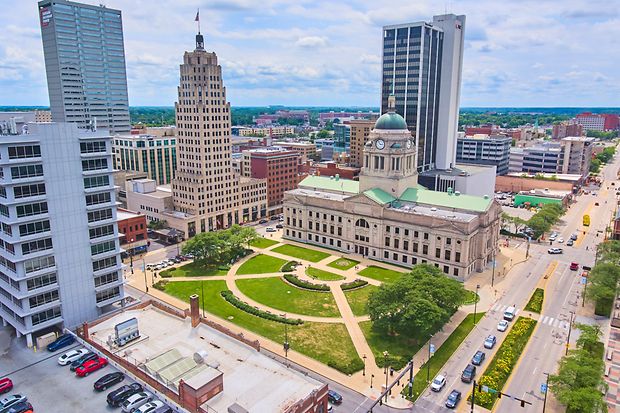 Downtown Fort Wayne aerial at Allen County Courthouse in Indiana