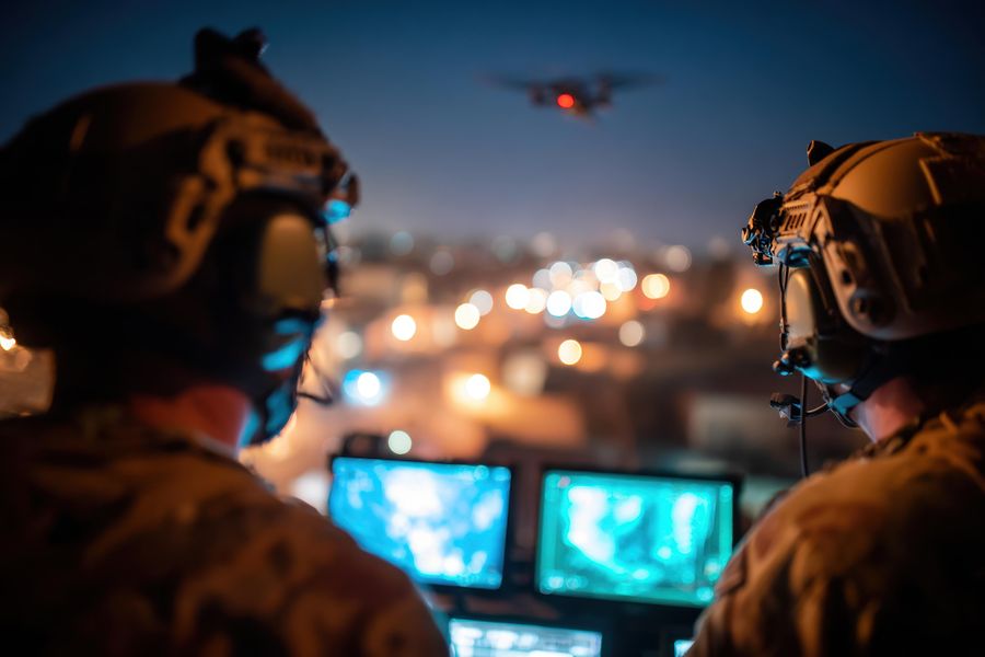Two soldiers in tactical gear operating a drone at night, with city lights in the background