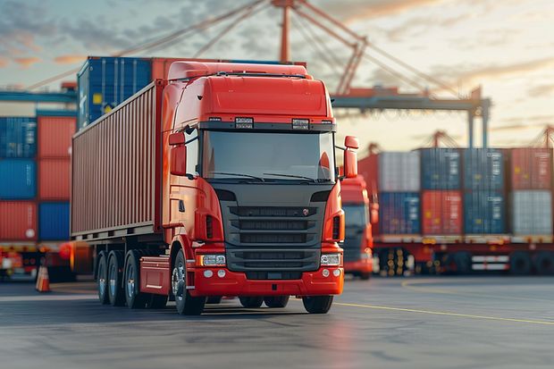 Ein Lkw steht vor &Uuml;berseecontainer und wird verladen