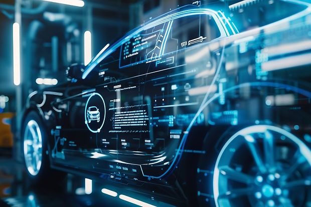 Digitales Auto mit virtuellen Datenanzeigen in moderner Hightech-Umgebung