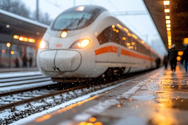 ICE-Zug bei Schneefall am Bahnsteig, spiegelnde Gleise und wartende Fahrg&auml;ste