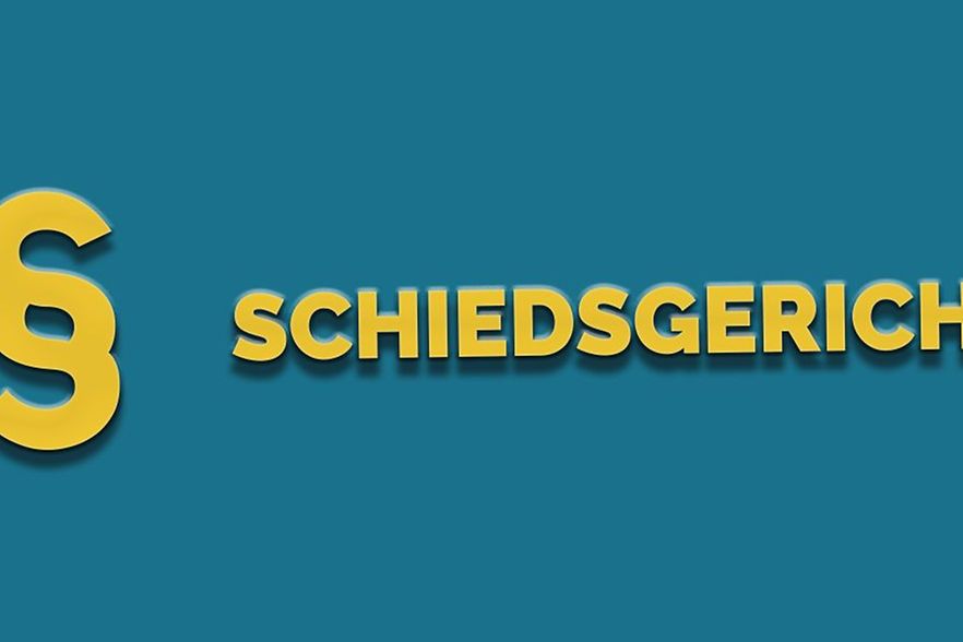 Grafik mit Paragraphenzeichen und Schriftzug &bdquo;Schiedsgericht&ldquo;.