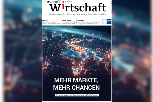 Titelbild Magazin „Ostwestfälische Wirtschaft“ mit vernetzter Weltkarte