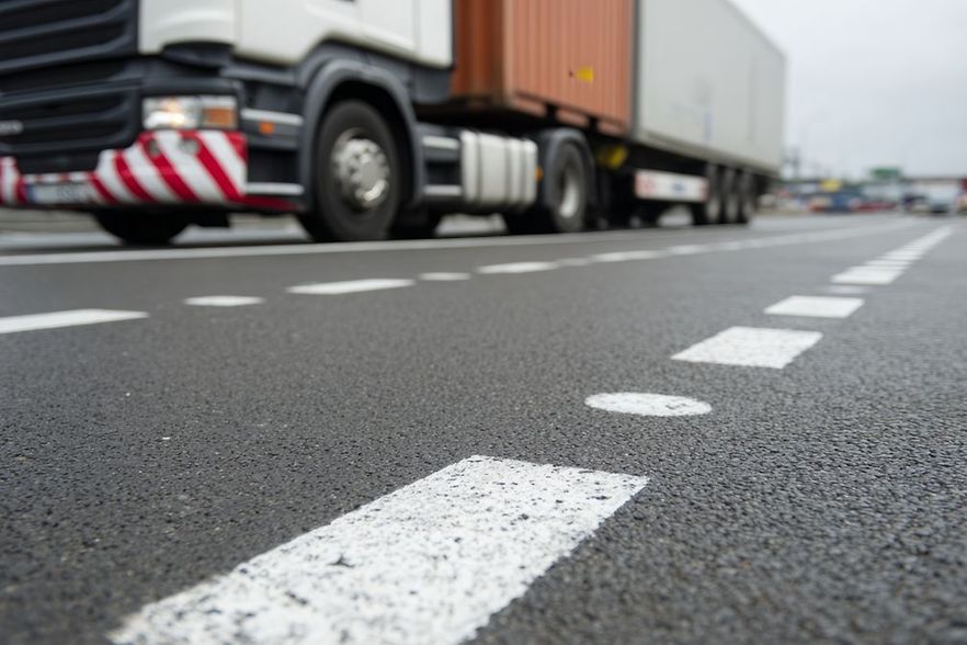 Lastwagen mit Container f&auml;hrt auf nasser Stra&szlig;e mit Markierungen