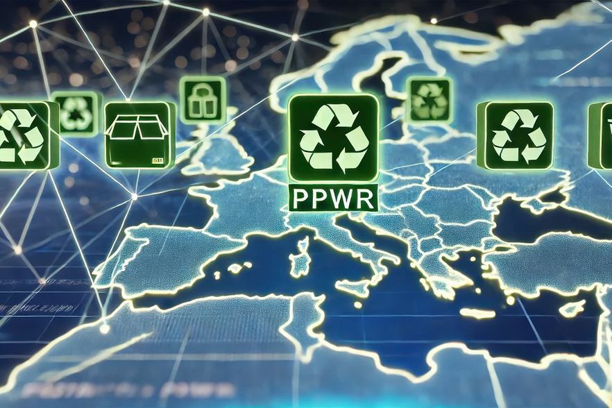 Grafik zur EU-Verpackungsverordnung mit Recycling-Symbolen &uuml;ber Europa