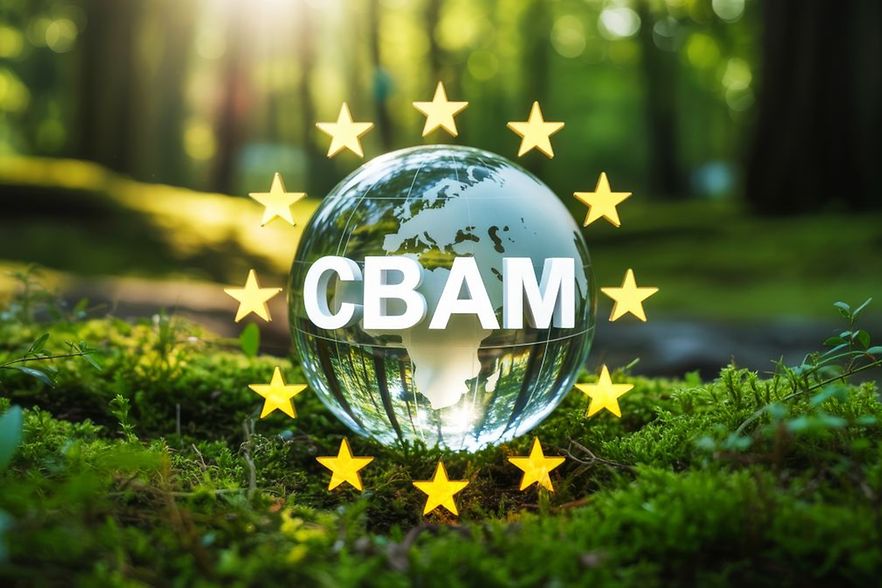 Glaskugel mit &bdquo;CBAM" und EU-Sternen im gr&uuml;nen Wald.