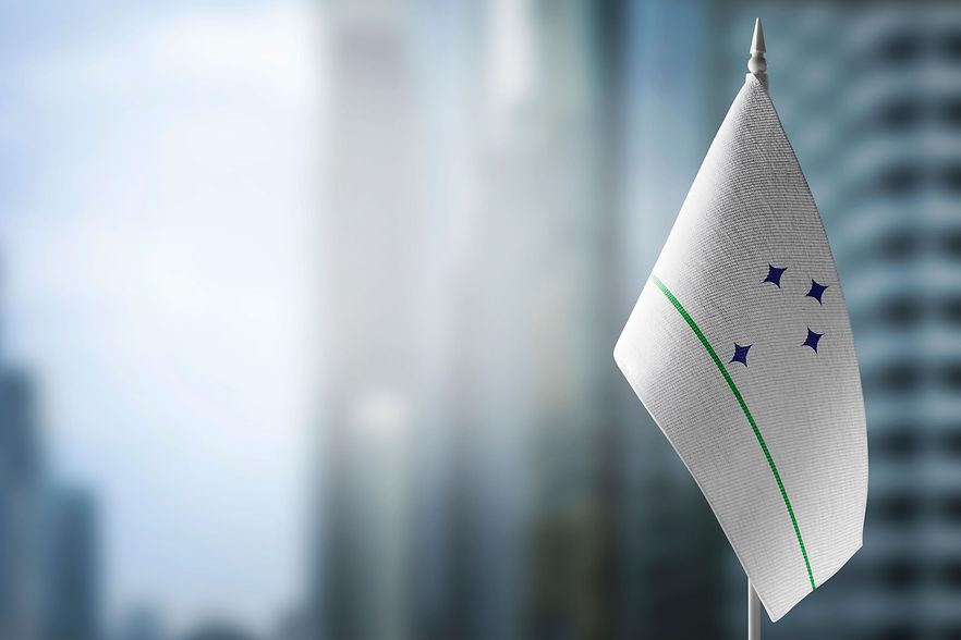 Eine kleine Mercosur-Flagge vor einem unscharfen Hintergrund