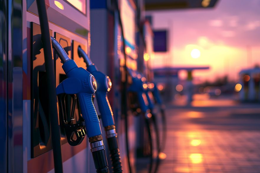 Zapfpistolen an einer Tankstelle bei Sonnenuntergang