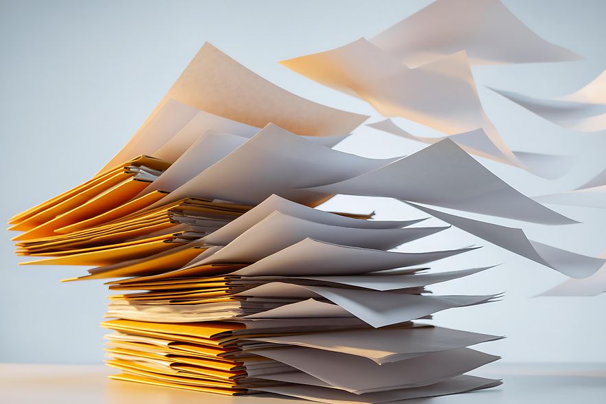 Blatt mit Akten sowie umherfliegende Papierseiten