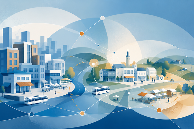 Vernetzte Stadt und l&auml;ndliche Region mit Mobilit&auml;t und digitaler Infrastruktur
