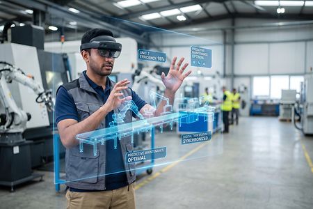 Ingenieur bei der Wartung einer Industriemaschine mit einem Augmented-Reality-Headset in einer Fabrik.
